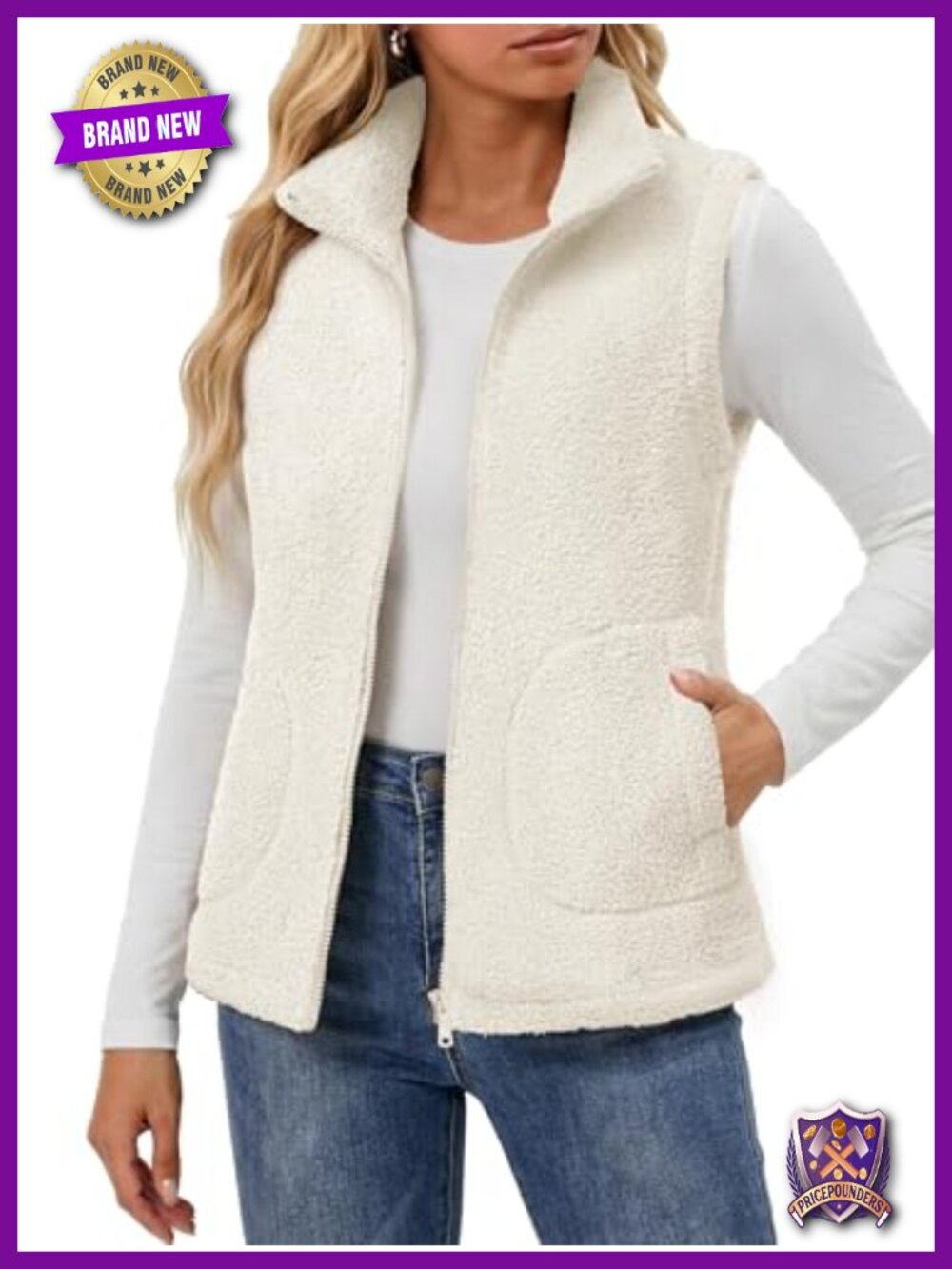 Fleece Vest Zipper Sherpa Stand Collar Sleeveless Pockets Layer Casual